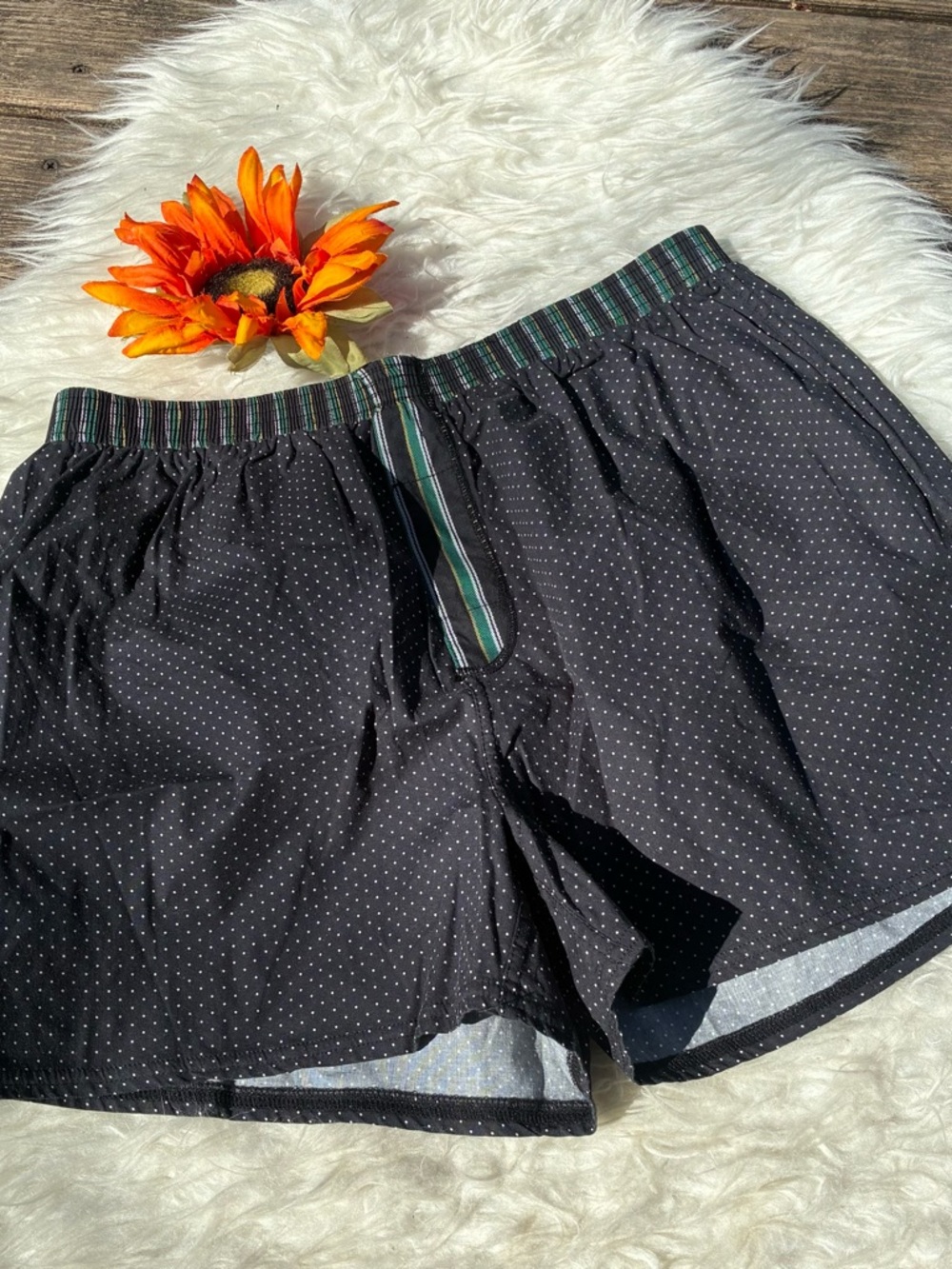 Free People Black Polka Dot Sleep Shorts with Striped Waistband
